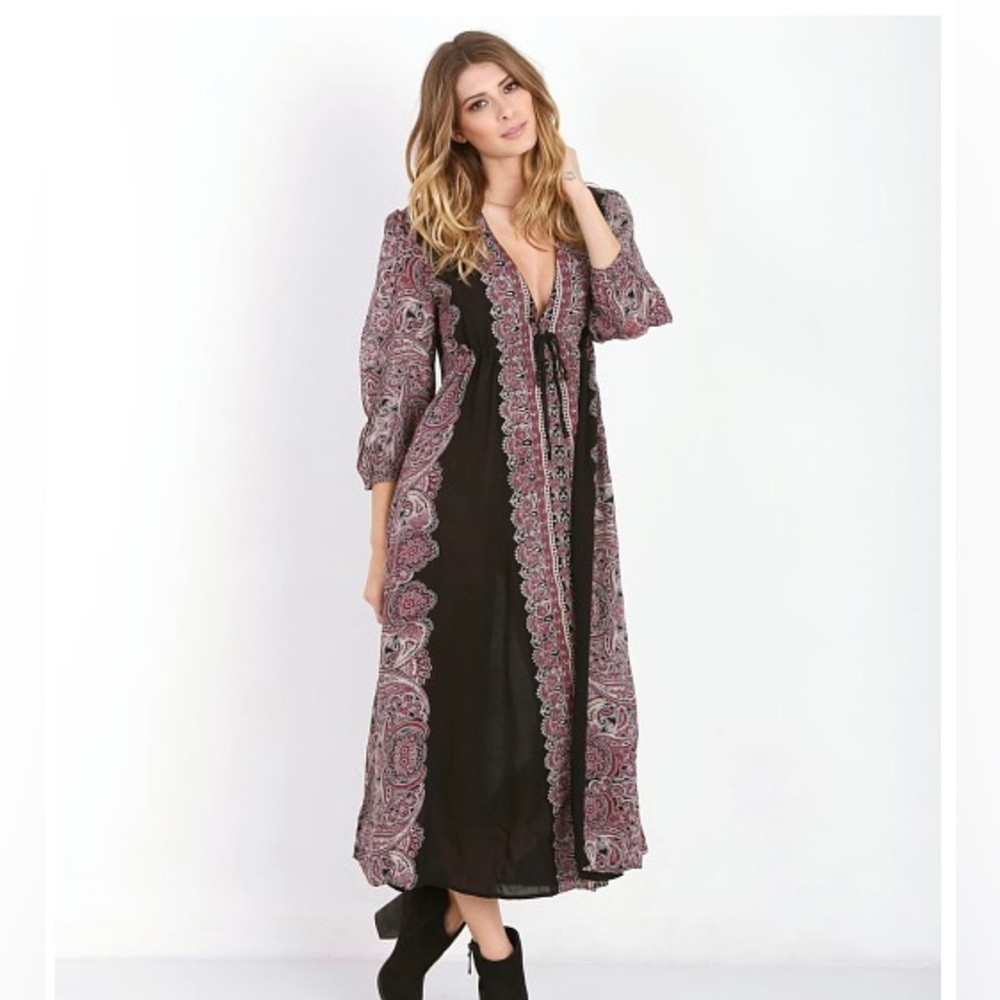 Free People Azalea Printed Midi Black Dress Boho Paisley, Sz S